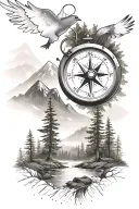 pine tree forest with stream and mountains with compass and dove tattoo design idea