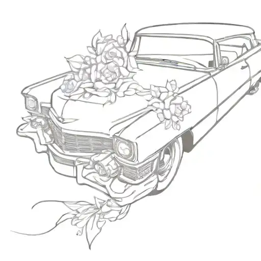 purple cadillac coupe devill with flowers surrounding tattoo design idea
