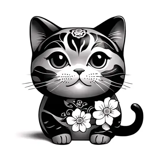 Cat in Japanese style, manekineko, Higanbana flowers, realism tattoo design idea