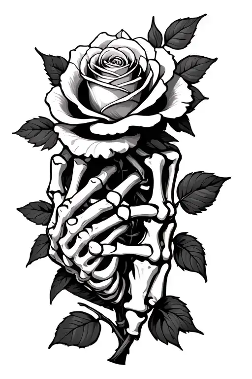 skeleton hand holding a streched rose around the arm with leaf and spine tattoo design idea