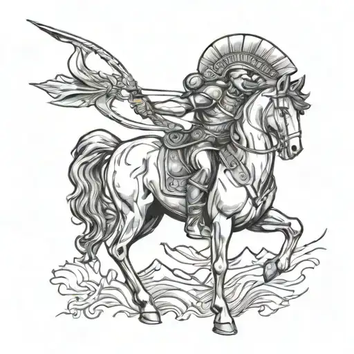 A centaur wearing a spartan helmet and bow and arrow. Holding the bow and drawing an arrow back in it.  tattoo design idea
