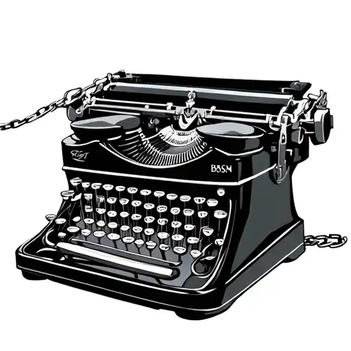 A black and grey tattoo of a vintage typewriter with BDSM-inspired elements like chains and cuffs, merging the client's passion for writing and favorite things in a bold and edgy design tattoo design idea