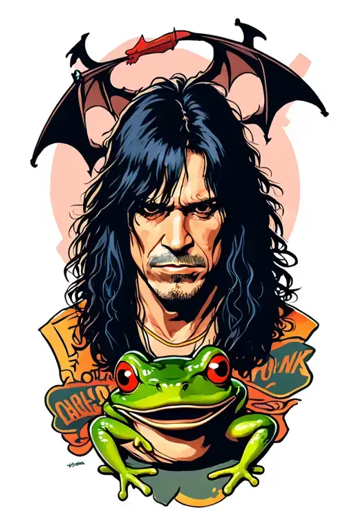 jiraiya sensei with frogs, ozzy osbourne with a bat, crazy train tattoo design idea