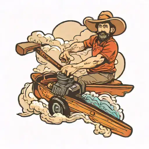 canoe in clouds, man pushing lawnmower, bbq grill tattoo design idea