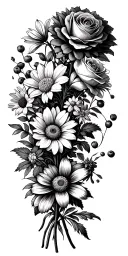 vintage flower bouquet with Chrysanthemum, narcissus, cosmo, hawthorn, rose, daisy and daffodil  tattoo design idea