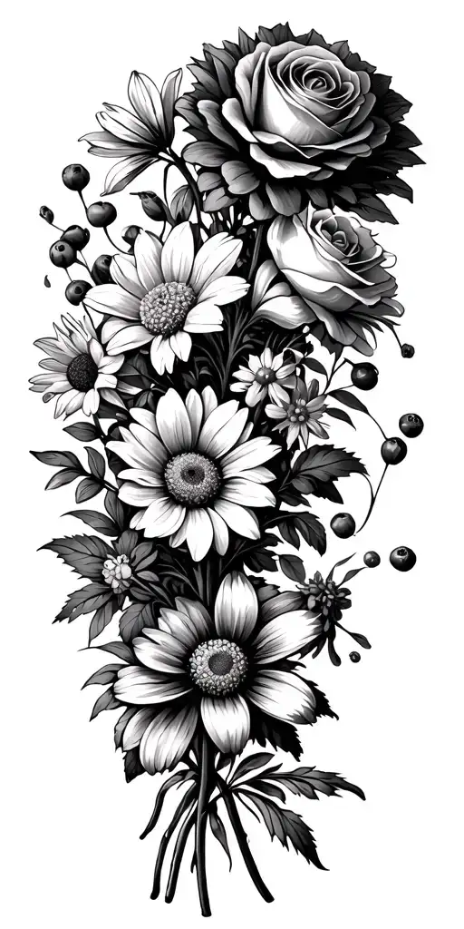vintage flower bouquet with Chrysanthemum, narcissus, cosmo, hawthorn, rose, daisy and daffodil  tattoo design idea