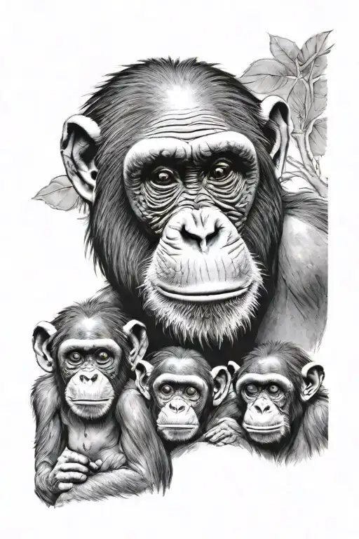 adult chimpanzee face with four baby chimpanzee sideways looking tattoo design idea