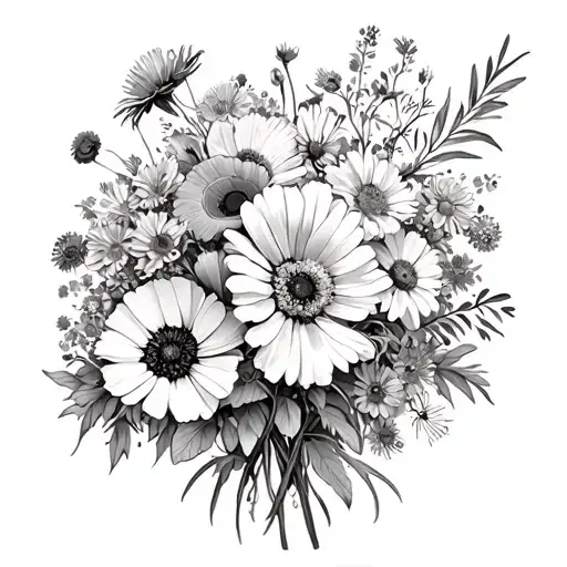 A bouquet of field flowers, with calendula, poppies, daisies, aromatic herbs and cornflowers. On one leg. tattoo design idea