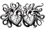 a two human hearts with octopus tentacles coming together tattoo design idea