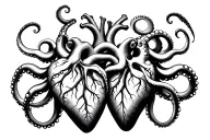a two human hearts with octopus tentacles coming together tattoo design idea