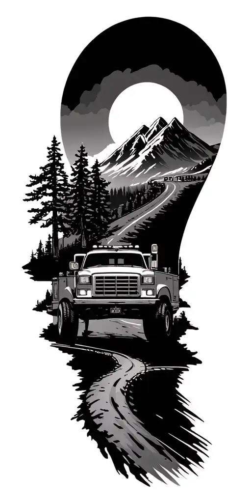 mountain road leading downwith landmarks of firetruck drums mixed tattoo design idea