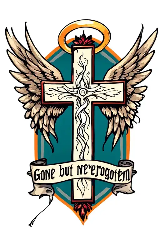 "Gone but never forgotten" cross with wings and halo made tattoo design idea