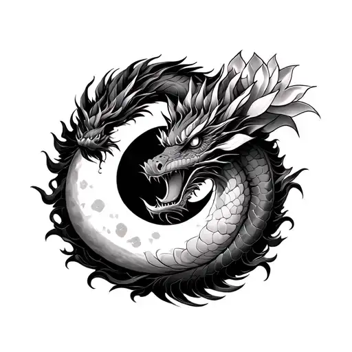 American dragon with lotus flower and moon merging together tattoo design idea