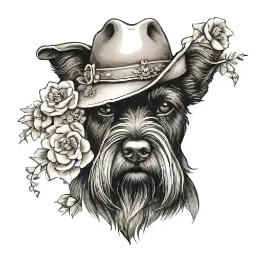all black schnauzer with cowgirl hat and brown eyes and flowers looking to the side tattoo design idea