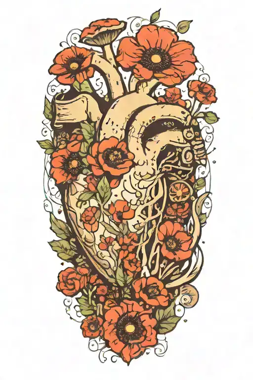 abstract design human heart, poppies, anemones, mushrooms, love and the letters J and C tattoo design idea