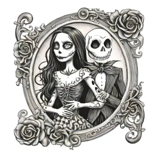 Jack and Sally in an oval vintage frame tattoo design idea