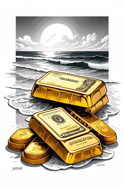gold bars and money on beach  tattoo design idea