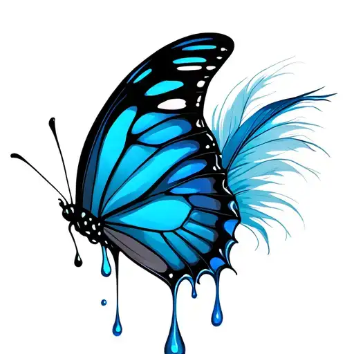side view blue butterfly feather drip single drop of blood tattoo design idea