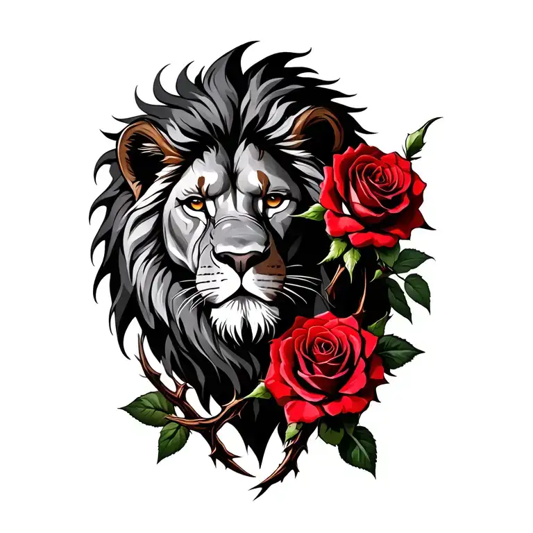 lion and two red roses with thorns wrapped tattoo design idea