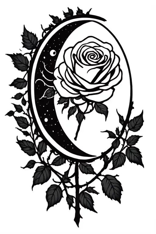 Rose with a Full moon in the center of the rose. the moon wraped with the Roses throne vine a Nova behind the rose tattoo design idea