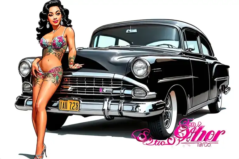 bel air car with chola pin up girl side profile tattoo design idea