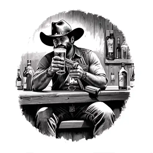 black and grey smooth shading of a western style cowboy sitting at the bar drinking beer with a gun on his hip  tattoo design idea