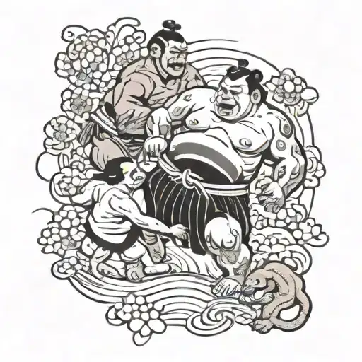 sumo fighting a bear with a monkey refereeing  tattoo design idea