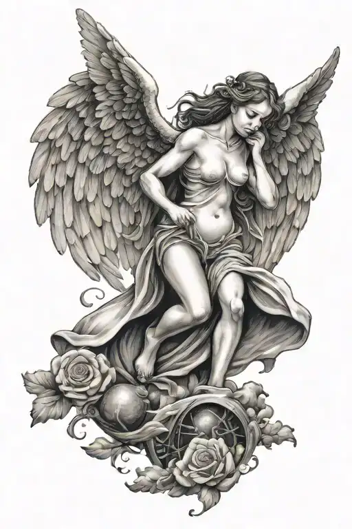 woman walking on earth baby angel in sky tattoo design idea