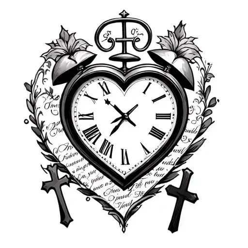 full sleeve heart shaped clock on wrist with 3 crosses beside it inner sleeve with bible verse tattoo design idea