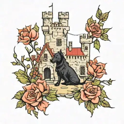 castle crumbling, black dog, pen, phone, flowers, thorns, ghosts, haunted tattoo design idea