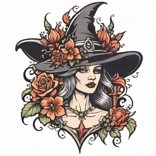 witch hat and princess crown surrounded by bold flowers tattoo design idea