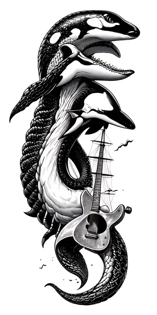 anaconda, whale, skull, storm ship vs orca, guitar/music, dumbbell, camping, alcohol, chocolate, Ru, 23.10.2019. tattoo design idea
