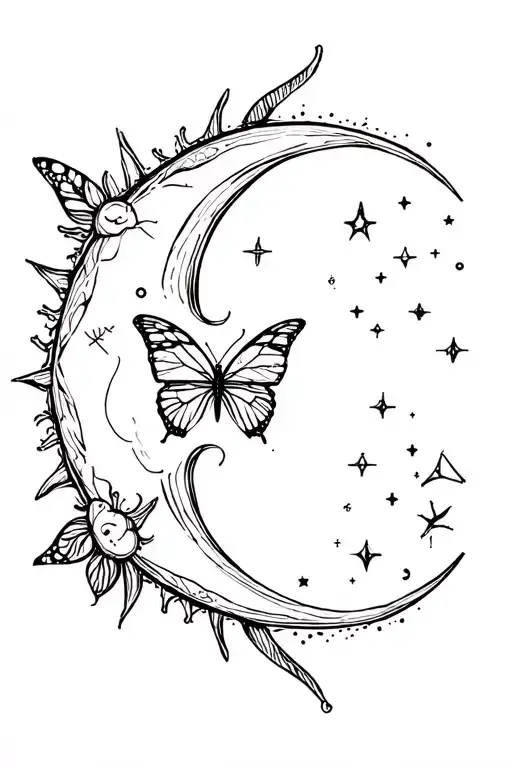 Vertical tattoo moon sun butterfly and constellation Gemini Aquarius and astrological sign Cancer tattoo design idea