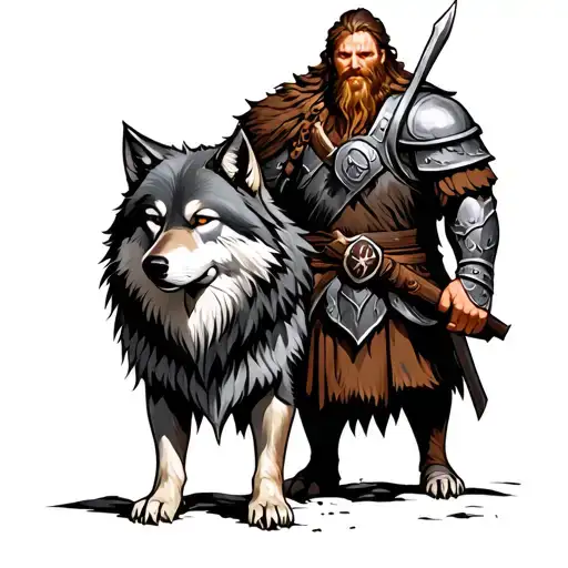 Viking warrior with wolf standing tattoo design idea