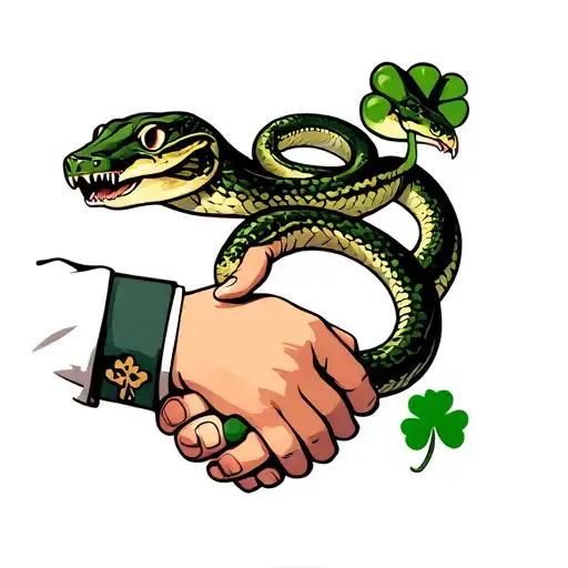a handshake where one is a snake the other is a hand with a four leaf clover cuff link tattoo design idea