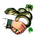 a handshake where one is a snake the other is a hand with a four leaf clover cuff link tattoo design idea