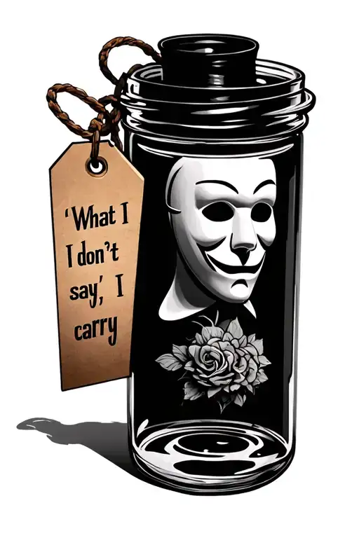 Bottle with a theatrical Mask Inside With a tag with the quote “What I don't say, I carry"  tattoo design idea