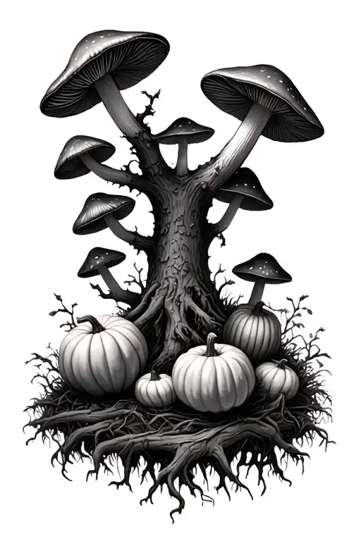 A grim realistic forest full of mushrooms and pumpkins tattoo design idea