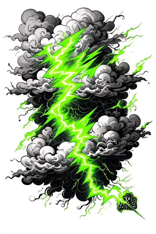 electric lightning lime green on smokey clouds tattoo design idea