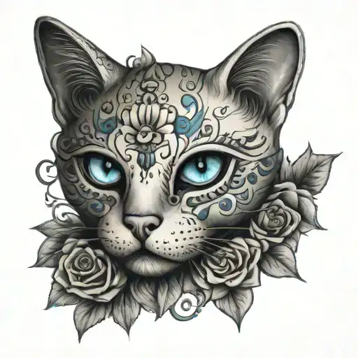 Cat sugar skull blue eyes tattoo design idea