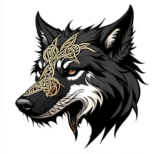 celtic knot Fenrir wolf rage gold tattoo design idea