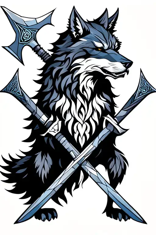 Fenrir with nordic axes crossed beneath tattoo design idea