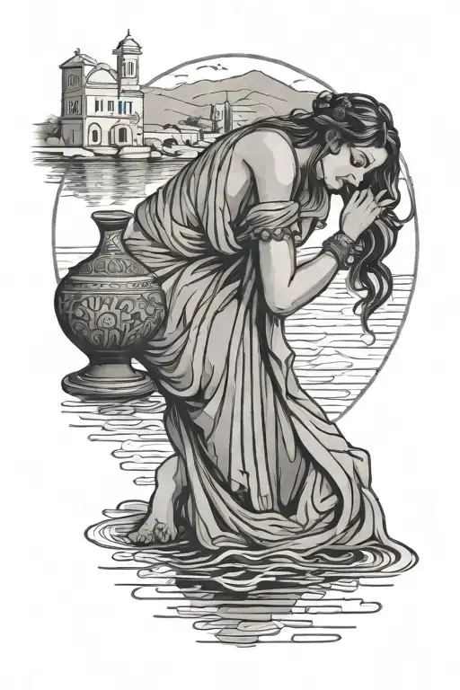 greek woman kneeling with vase in a dress by the river half dressed tattoo design idea