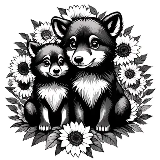 cute baby wolf and baby bear sitting with sunflowers and roses. black  tattoo design idea