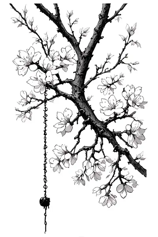 bared wire hanging from a dead tree with big cherry blossoms in the background tattoo design idea