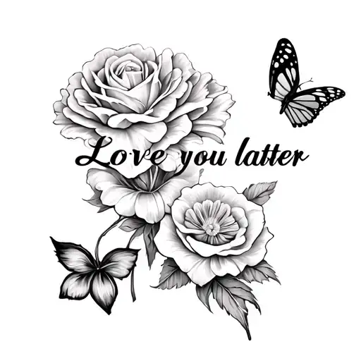 "Love you later " carnation flower with rose flower and daffodil flower and iris flower with butterfly and butterfly  tattoo design idea