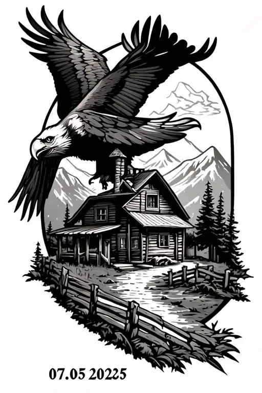 mountain landscape tattoo featuring an eagle and a wooden house and fence with the date 07/05/2025 in roman numerals  tattoo design idea