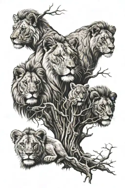 lions, lioness, 2 cubs and oak tree branch tattoo design idea
