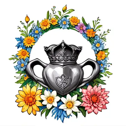 claddagh surrounded by a circle of flowers (daisy, marigold, water lily, chrysanthemum, and narcissus)  tattoo design idea