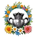 claddagh surrounded by a circle of flowers (daisy, marigold, water lily, chrysanthemum, and narcissus)  tattoo design idea